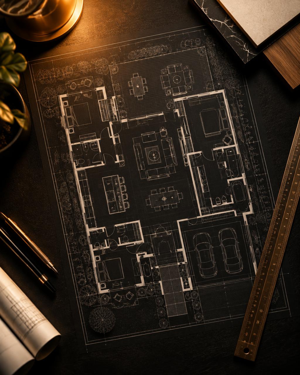 Detailed architectural floor plan on a drafting table
